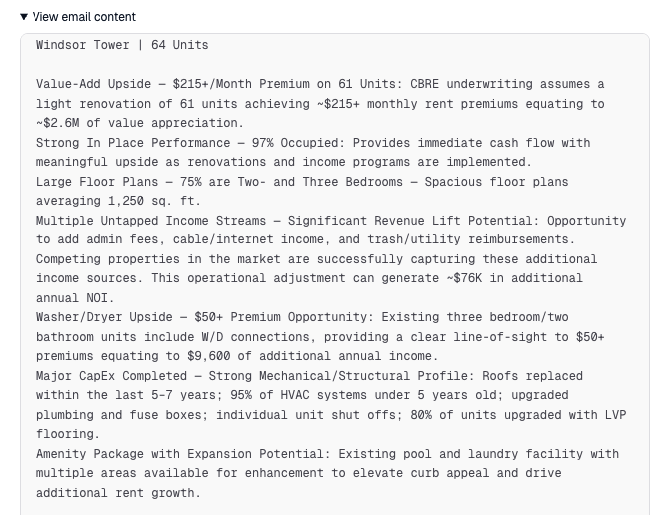 Raw broker email content: image OCR output with property name, value-add upside, in-place performance metrics, and capex history