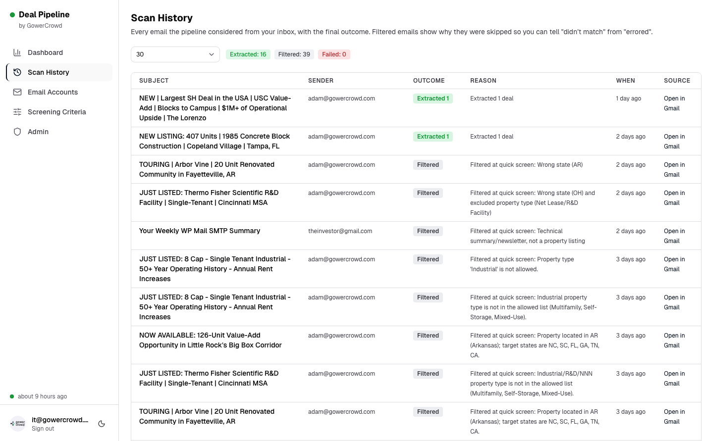 Scan history page showing every email considered with the reason it was extracted, filtered, or skipped